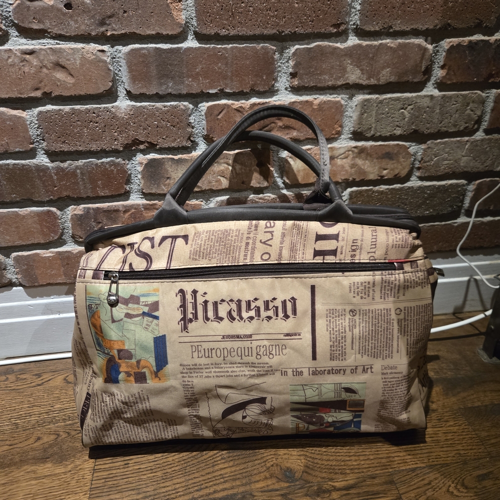 Newspaper Print Satchel Bag - Brown and Black